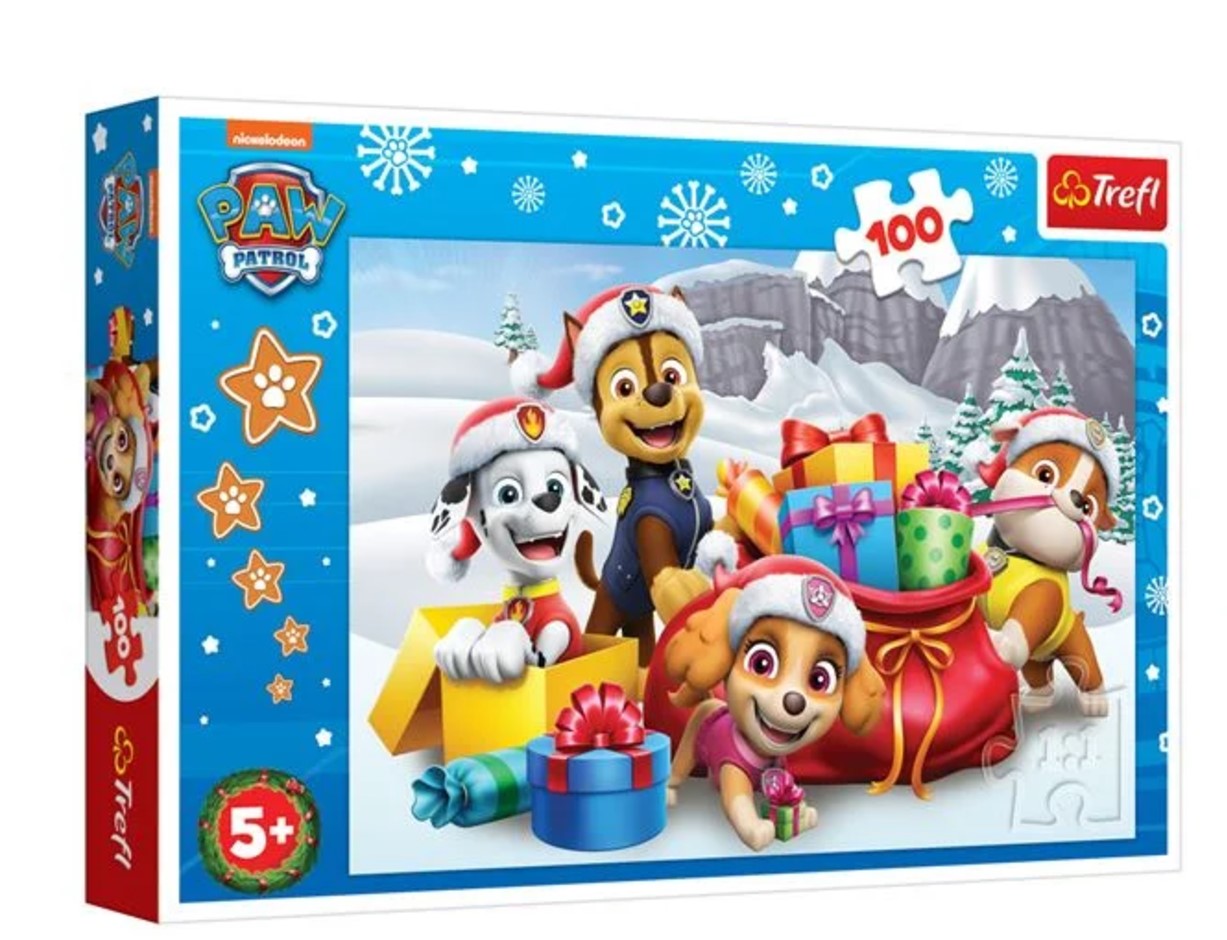 Puzzle de Craciun Paw Patrol cu Sac Plin de Cadouri (100 de piese) - Trefl