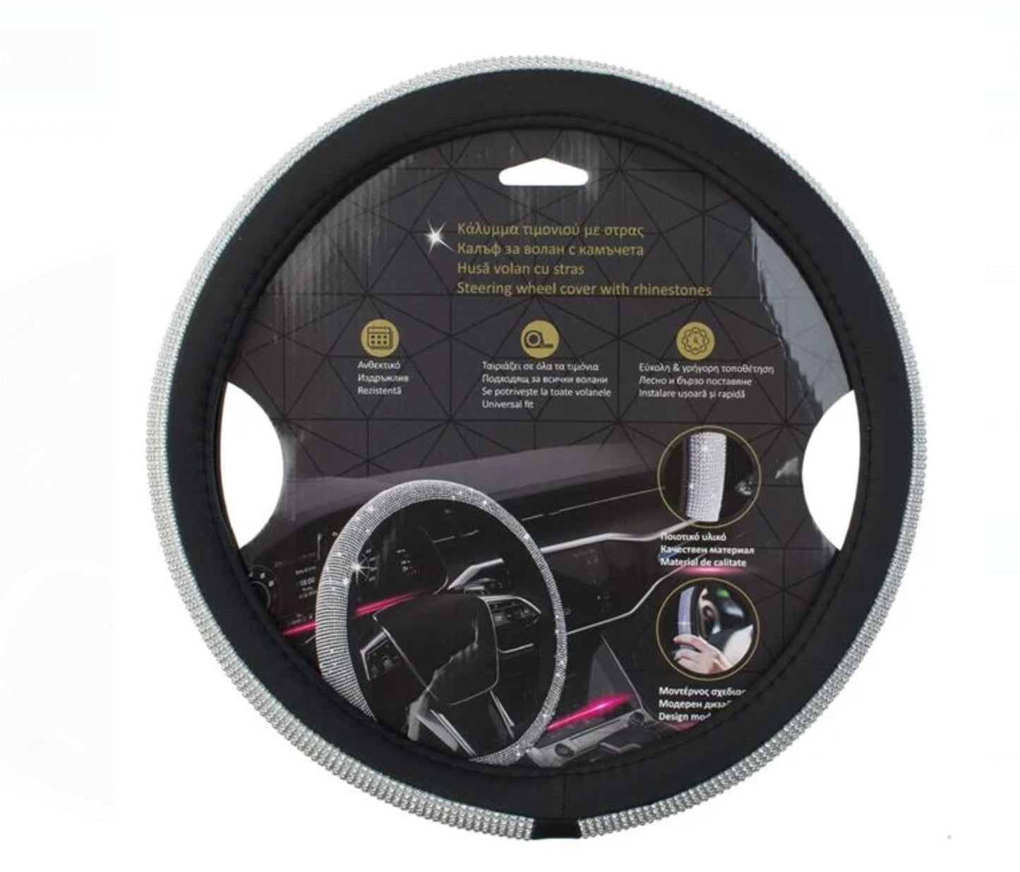Husa Neagra cu Strass Argitniu pentru Volan Ø38cm