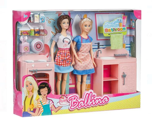 Set de Joaca Baie Bucatarie cu 2 Papusi & Accesorii